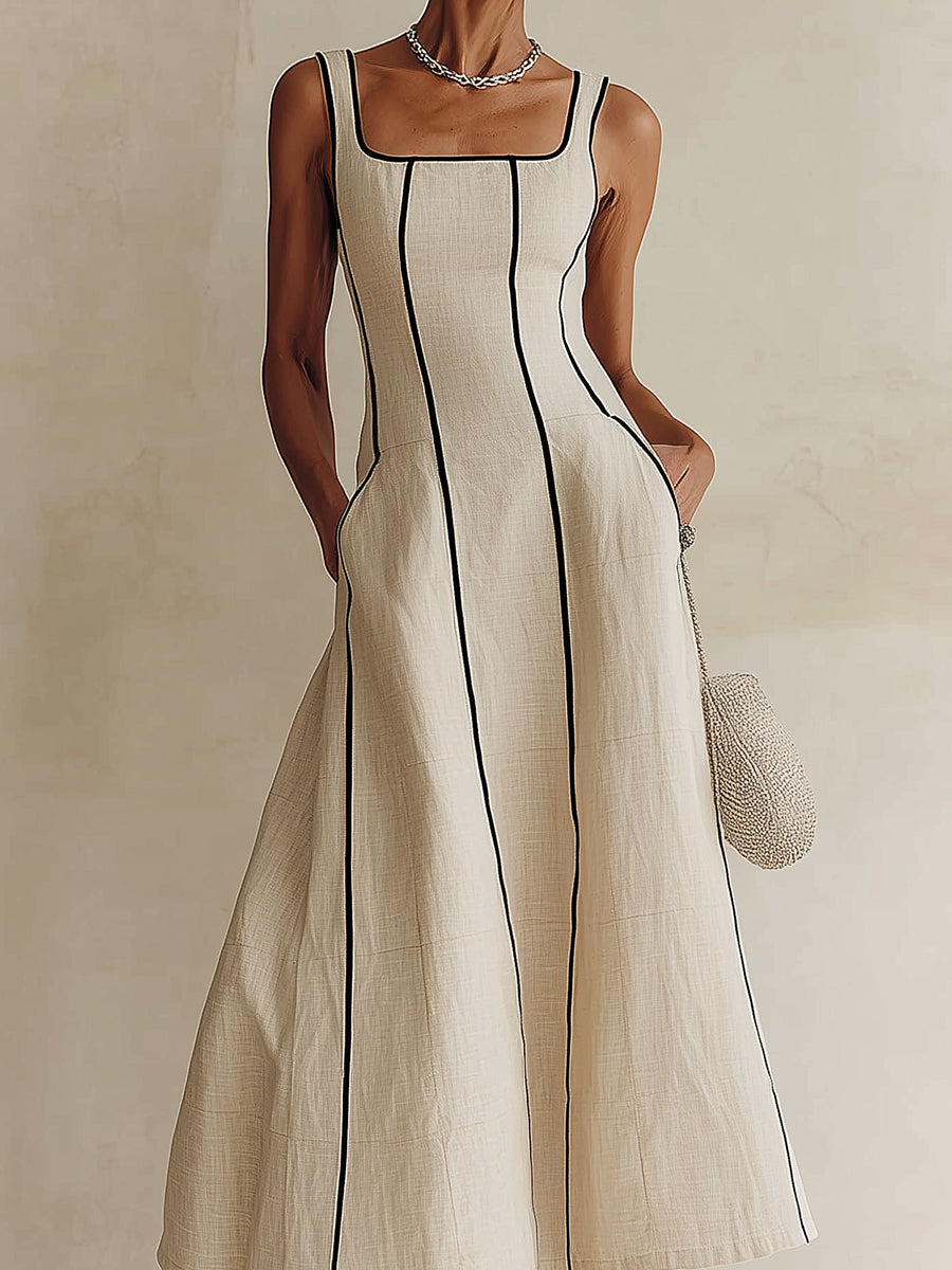Camille | Vestido Maxi Línea A a Rayas de Lino, Ribete Negro