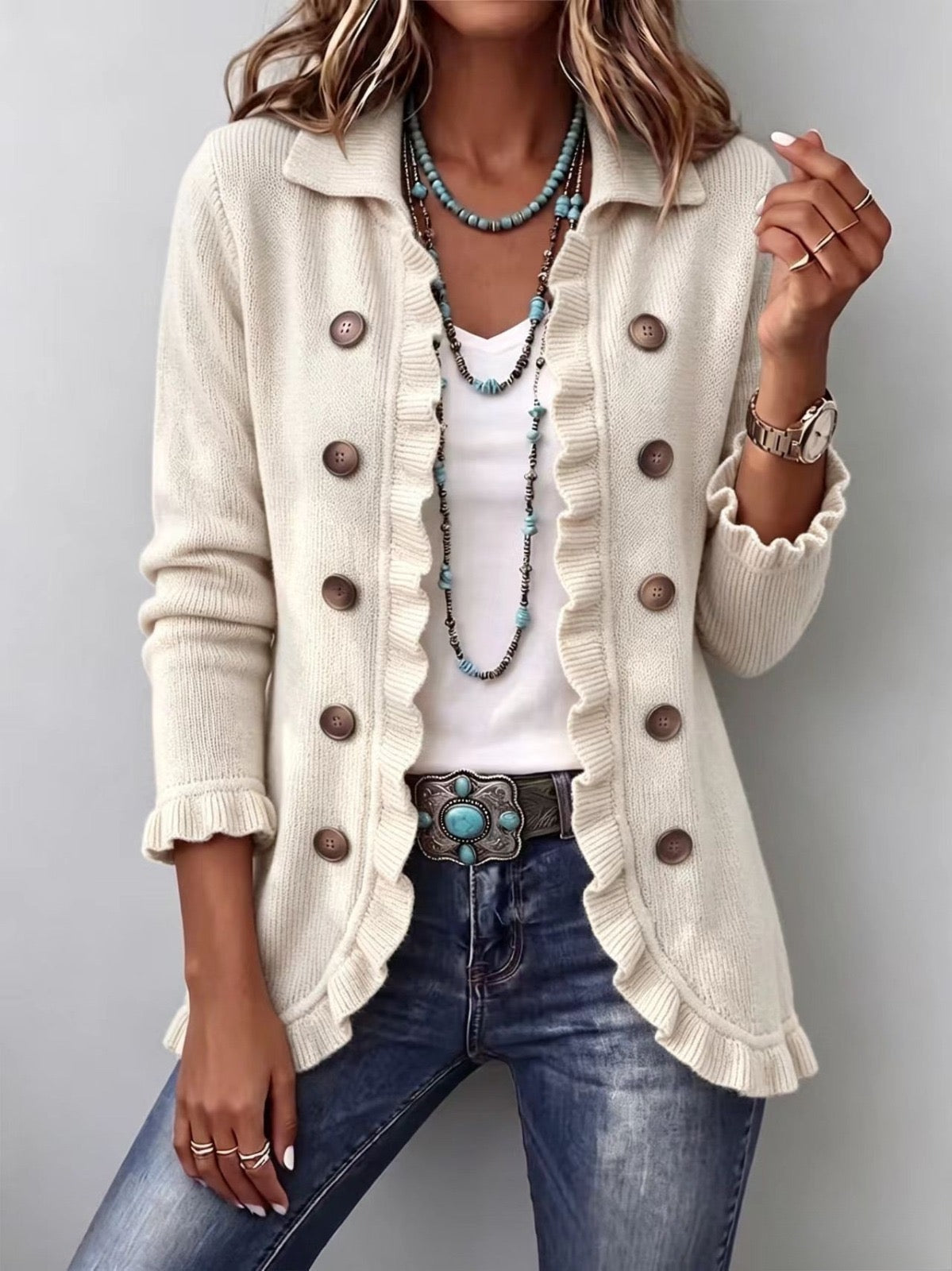 Ottavia | Chaqueta de Punto Canalé Marfil con Volantes