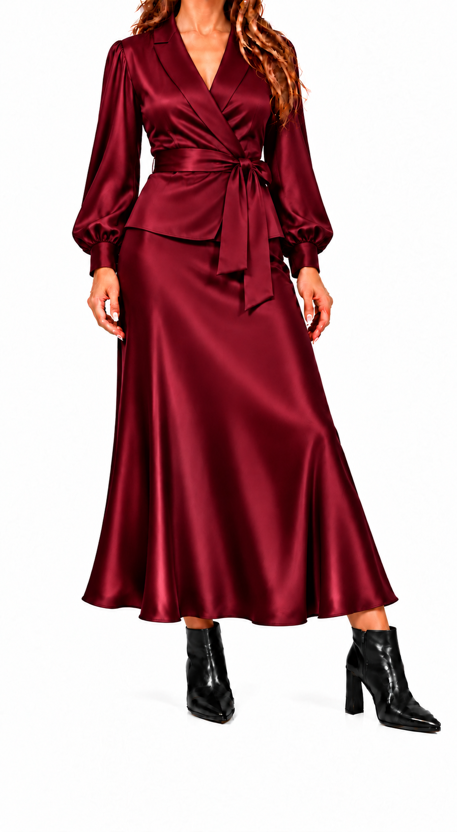 Conjunto Celeste | Blusa cruzada y falda satinada