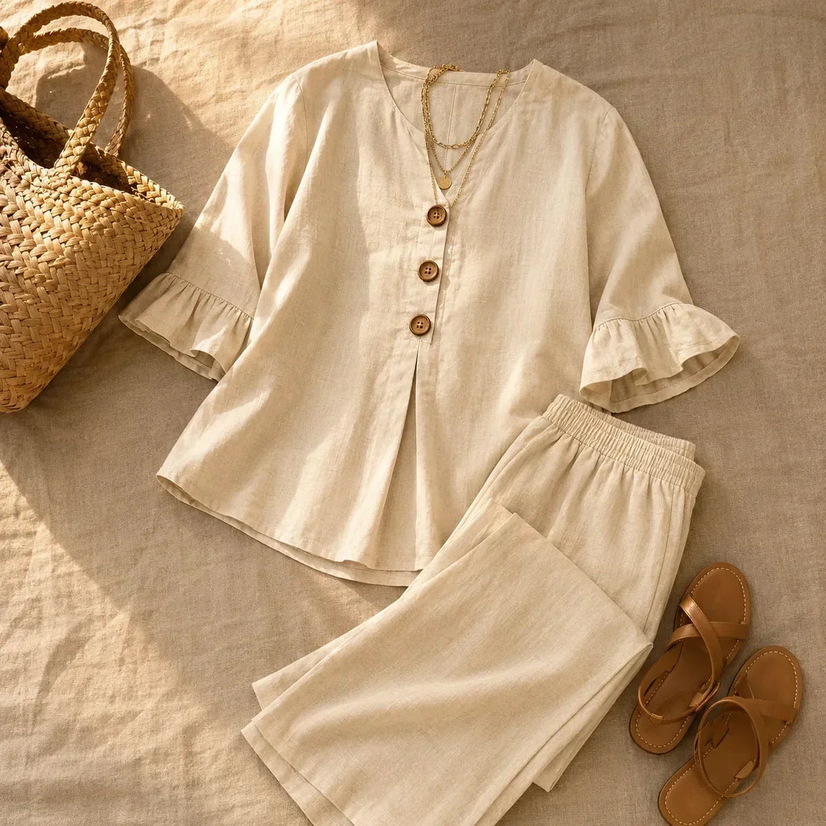 Louna | Conjunto Efecto Lino con Mangas de Volante y Pantalones Anchos