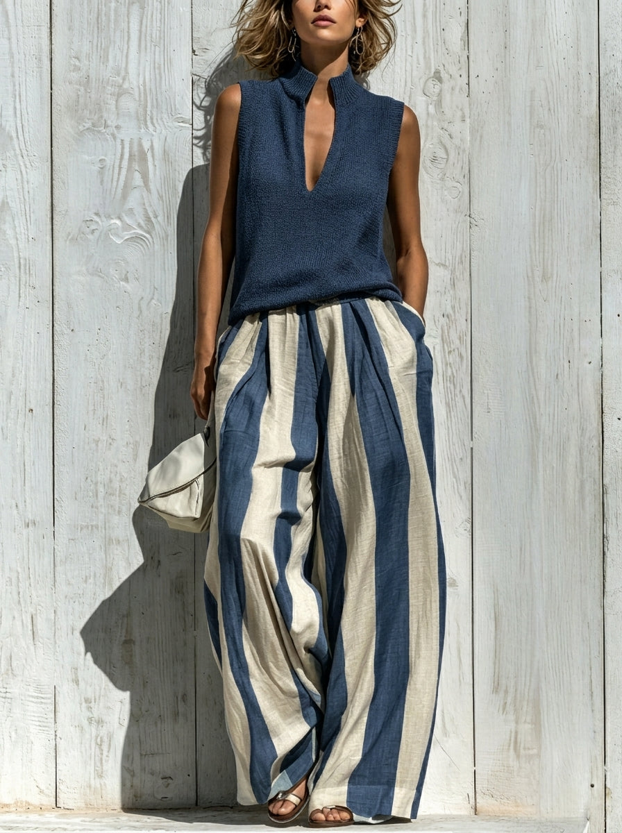 Sofía | Conjunto Elegante en Tejido Fluido: Top y Pantalón Palazzo a Rayas