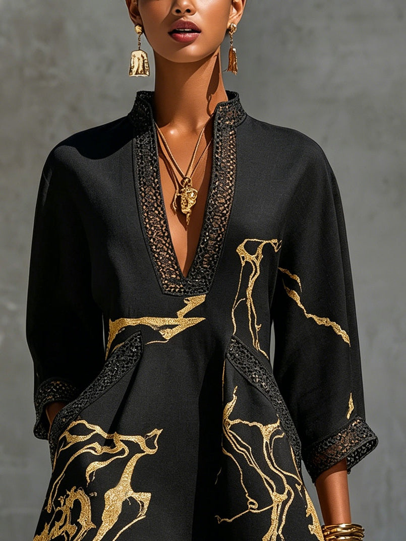 Donatella - Minivestido negro con estampado de mármol dorado