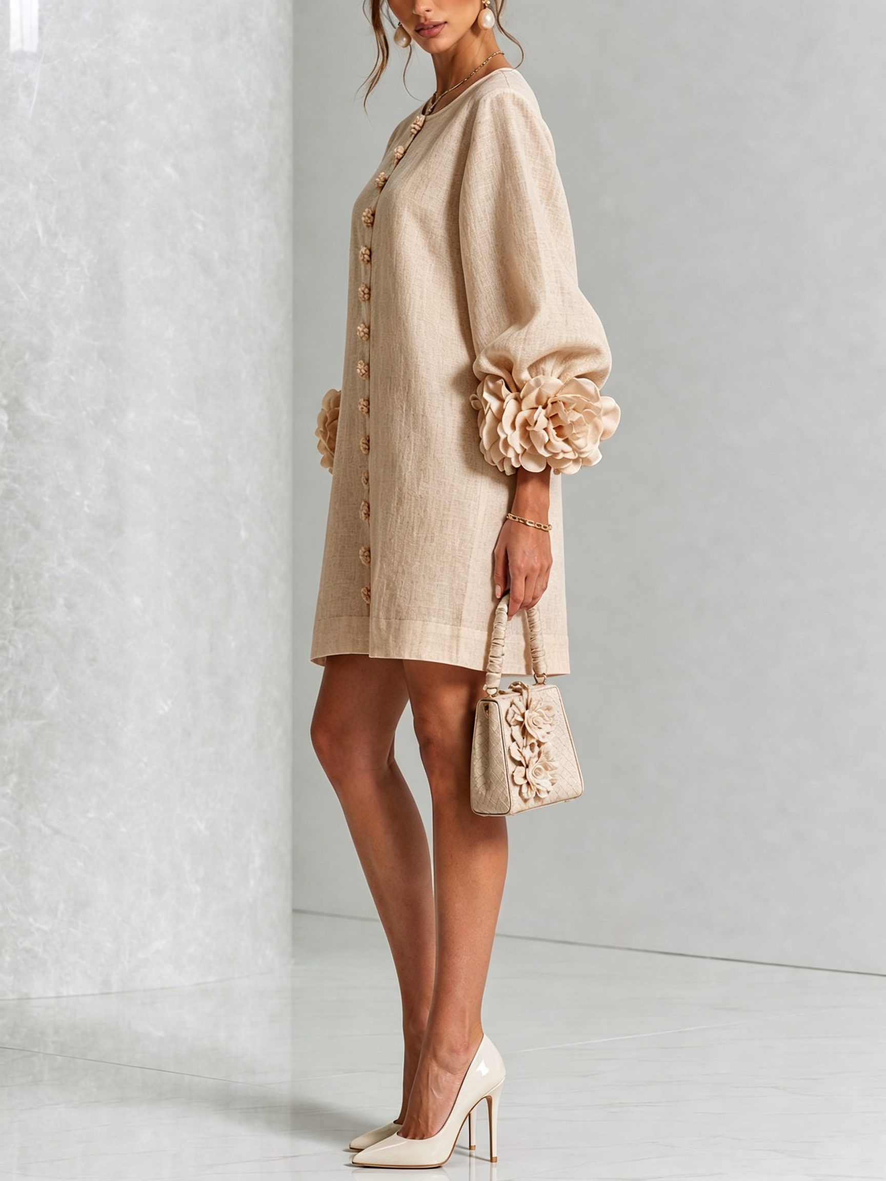 Ambra | Abito Mini in Misto Lino con Polsini a Rosa, Beige