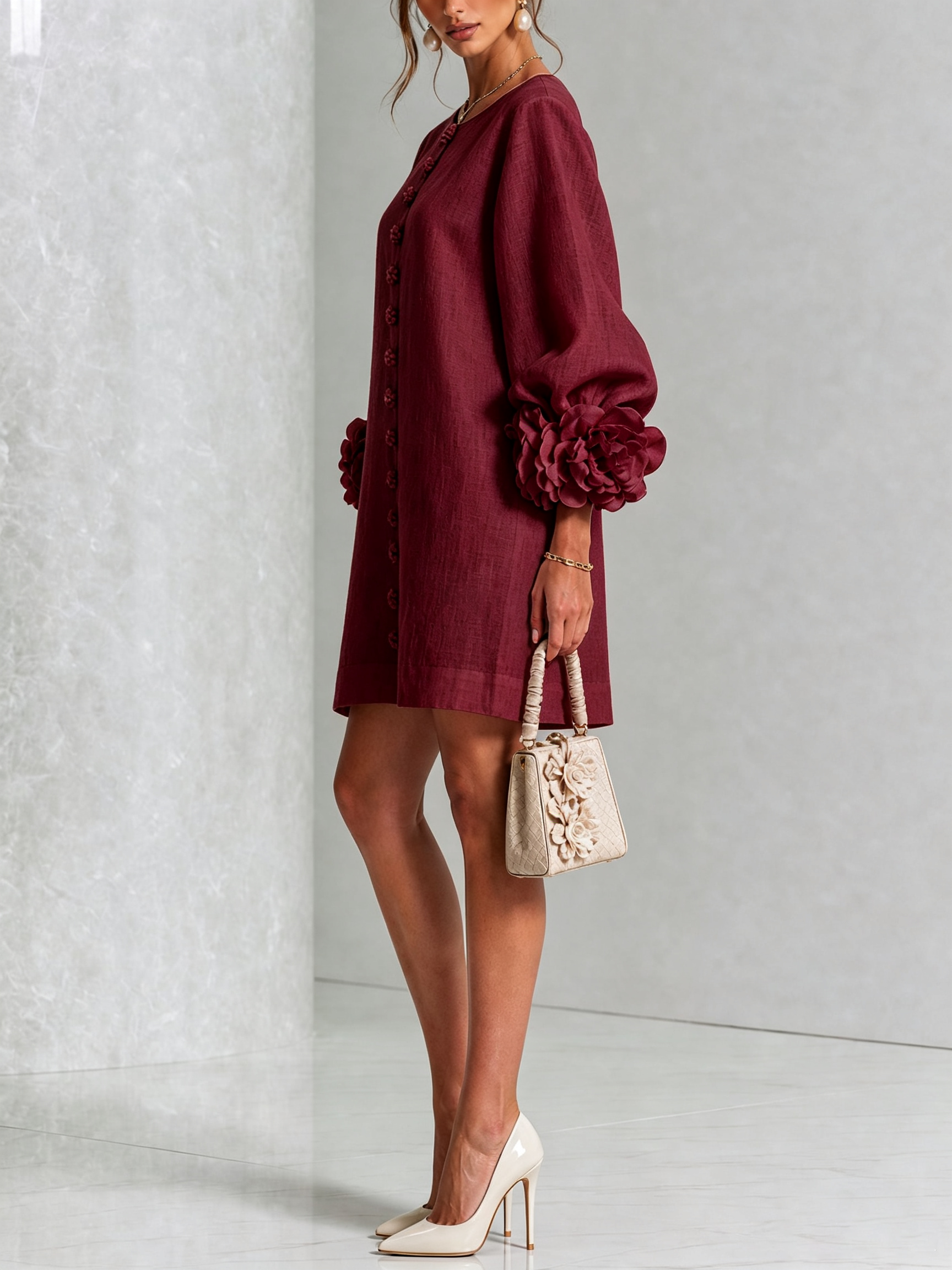 Ilaria | Abito Mini in Misto Lino con Polsini a Rosa, Bordeaux