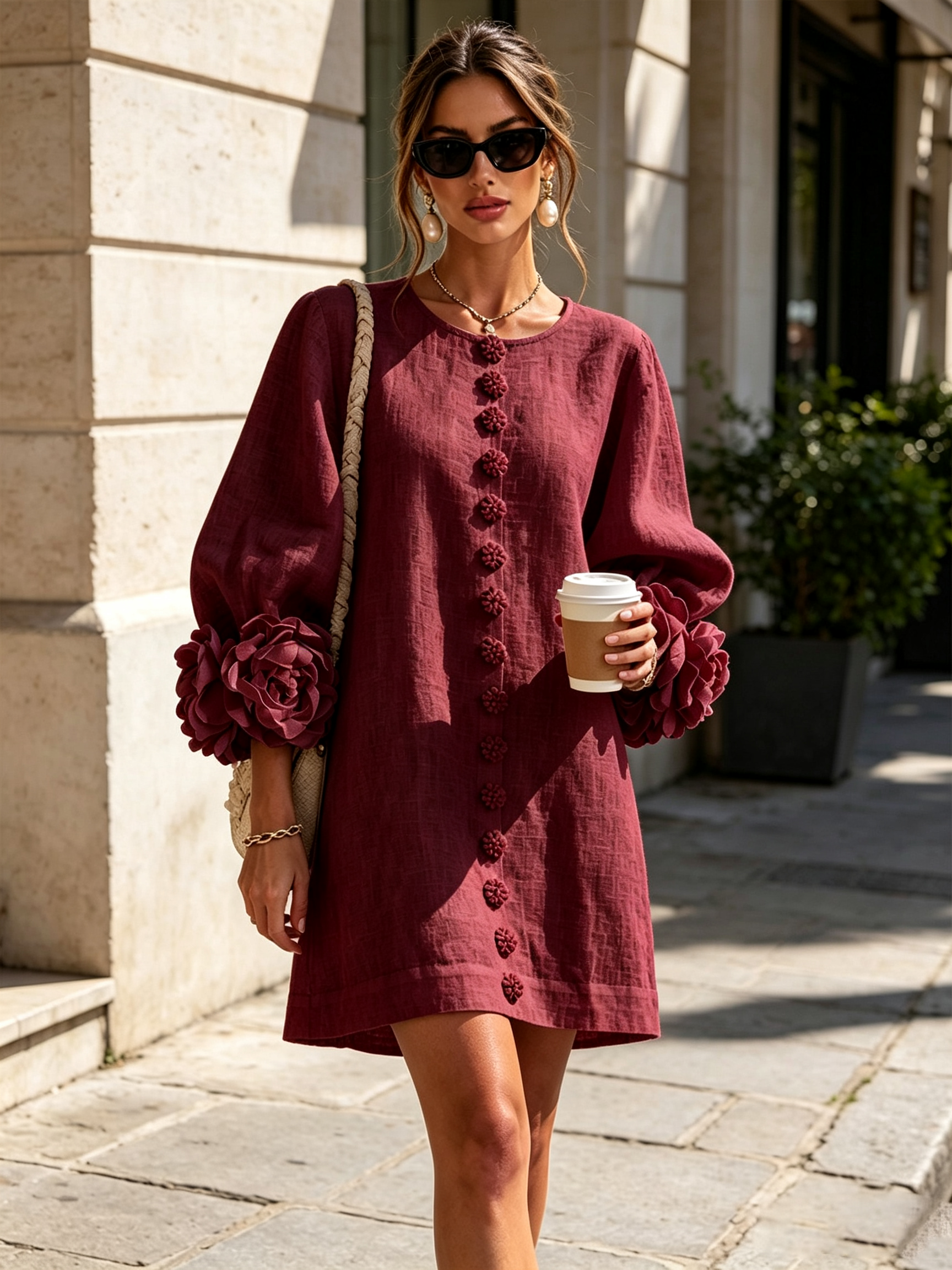 Ilaria | Abito Mini in Misto Lino con Polsini a Rosa, Bordeaux