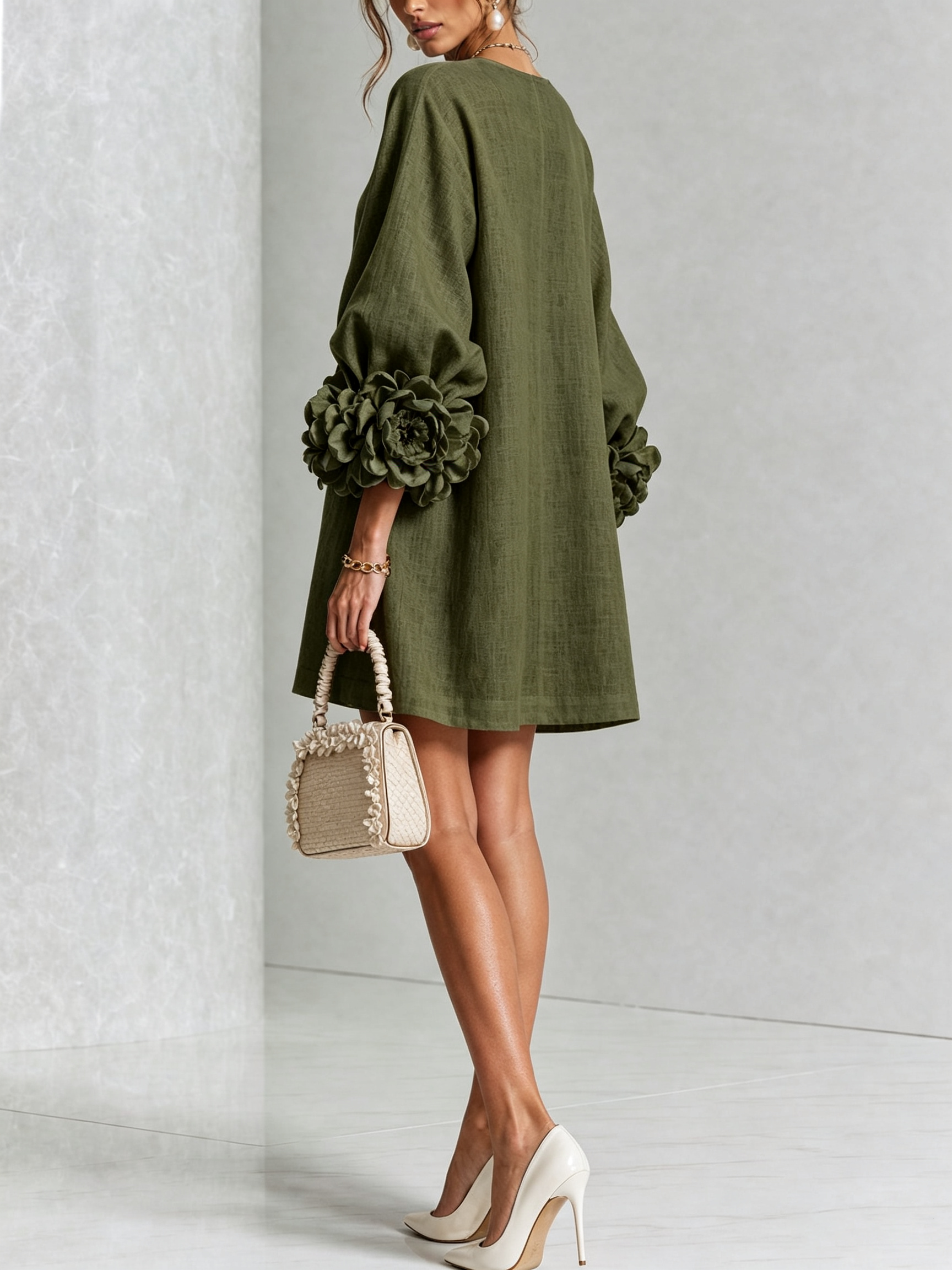 Cecilia | Vestido Mini de Mezcla de Lino con Puños Anudados en Flor