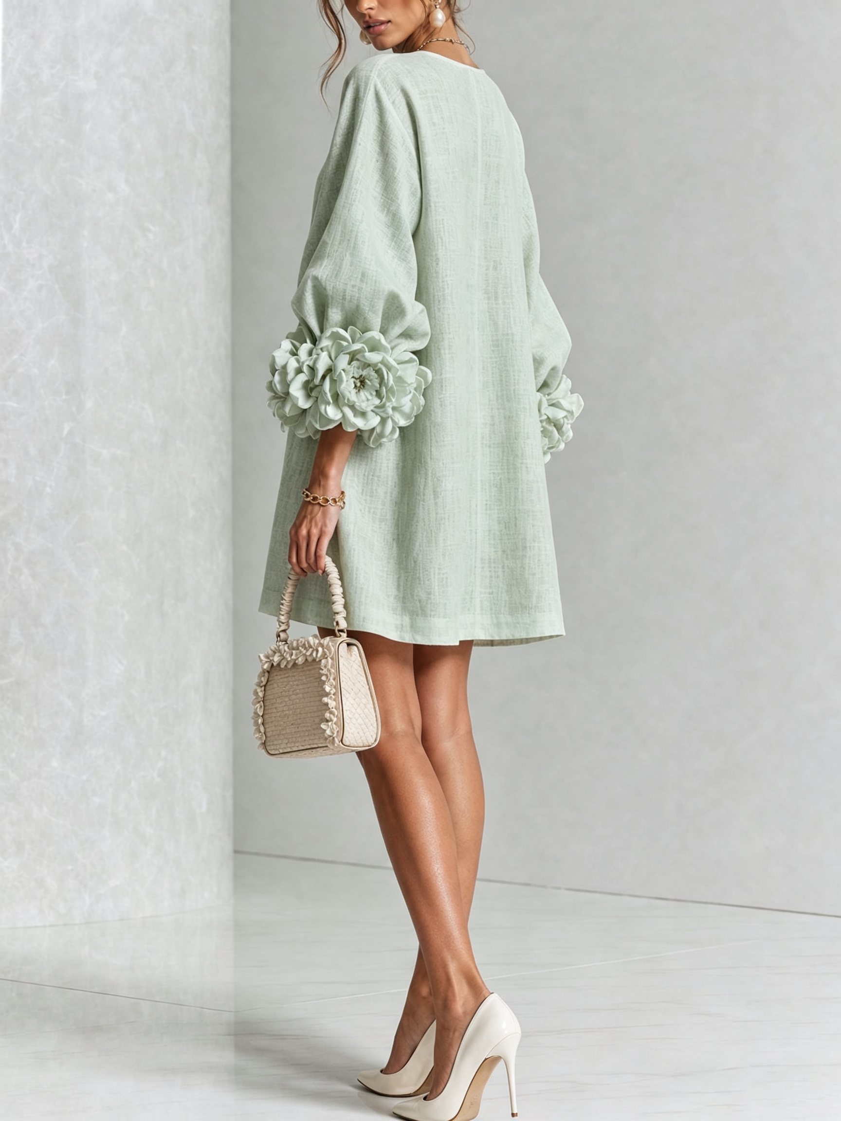 Cecilia | Vestido Mini de Mezcla de Lino con Puños Anudados en Flor