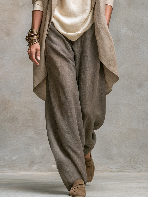 Conjunto Elegante de Tres Piezas Beige Gris con Pantalones de Pierna Ancha