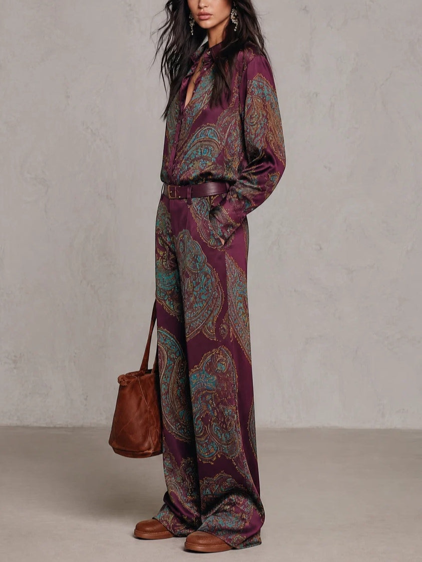 Gloria | Camisa de Seda de Manga Larga con Estampado Paisley Burdeos y Pantalones de Pierna Ancha