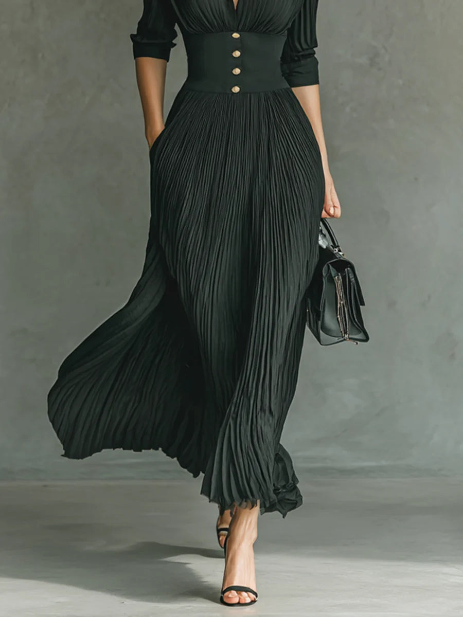 Elvire | Vestido Largo Plisado con Solapa y Talle Alto