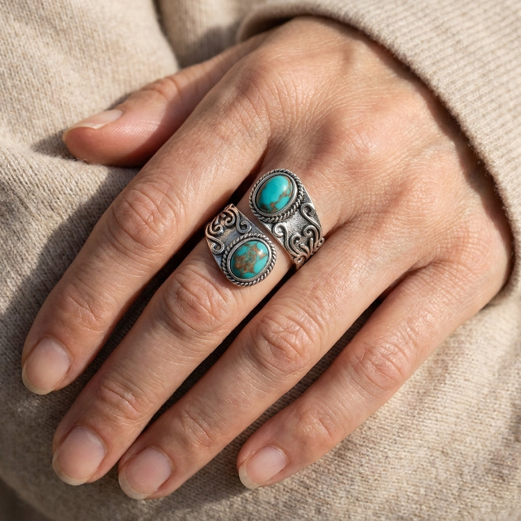 Calista™ - Anillo Envolvente de Plata con Doble Turquesa