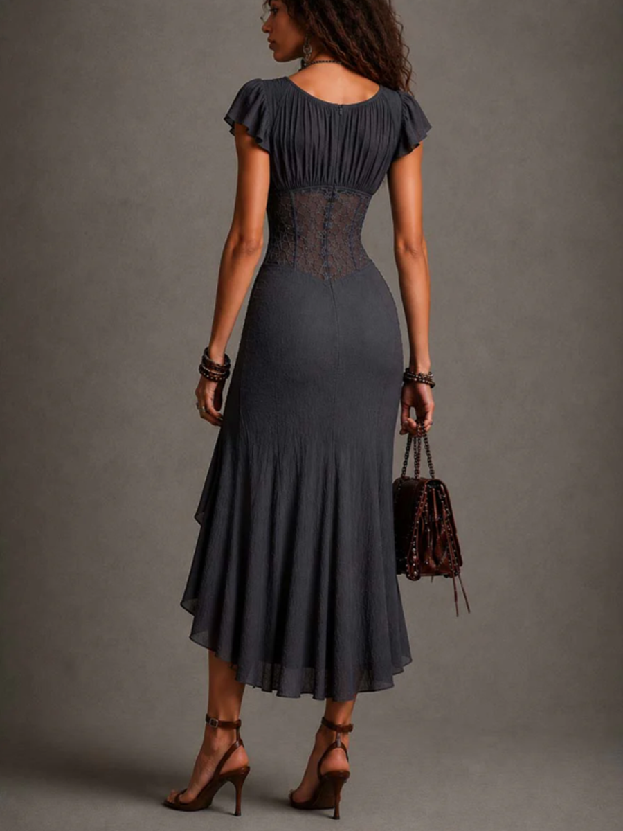 Carmen | Vestido Midi de Encaje y Chifón con Escote en V, Gris Antracita