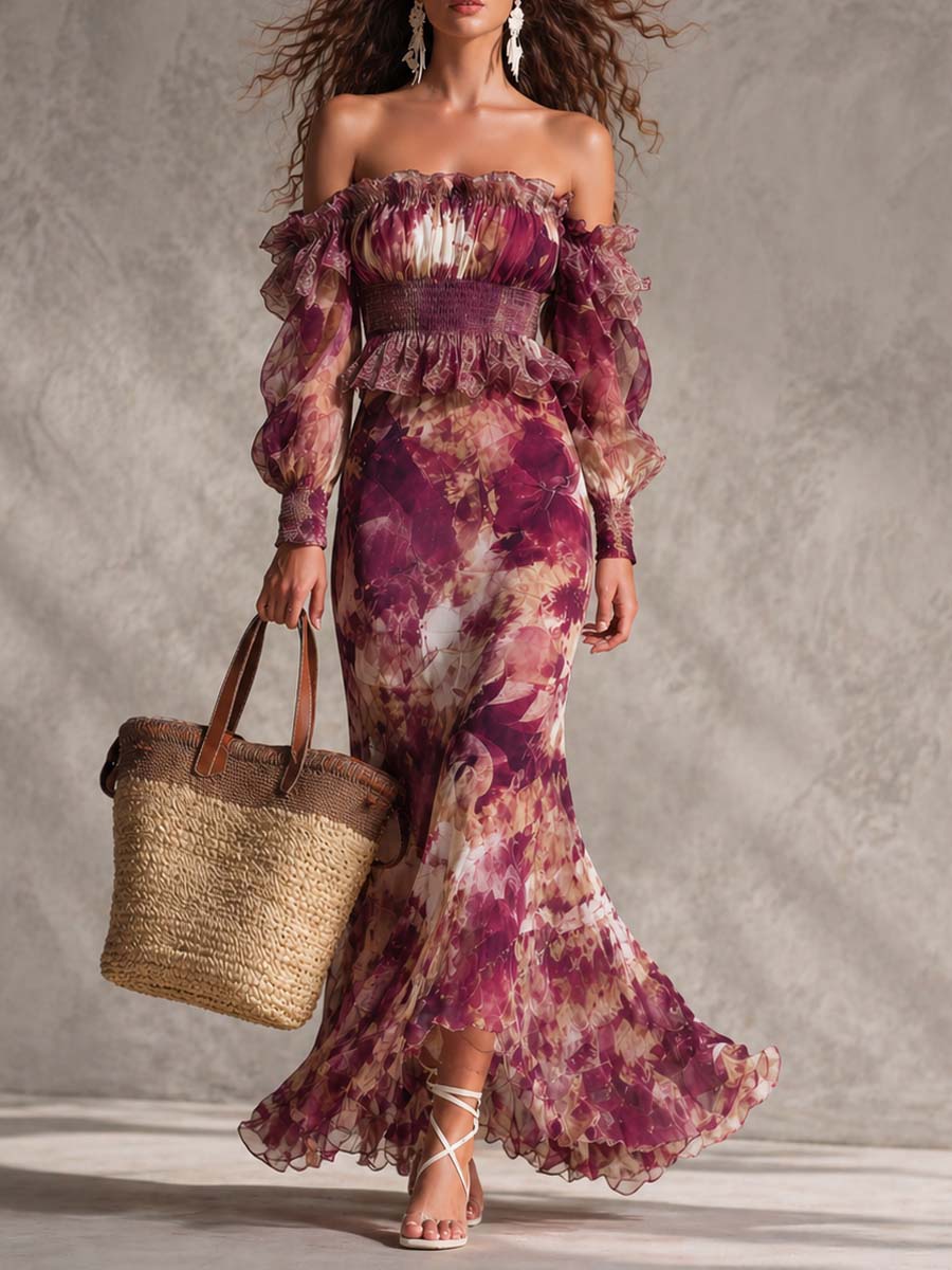 Rosine | Robe Maxi Épaules Dénudées Rose Antique, Motif Floral