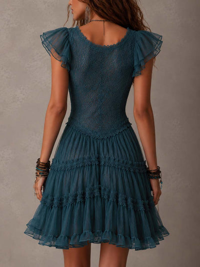 Azurine | Mini Robe à Volants en Dentelle Bleue Rétro et Mousseline
