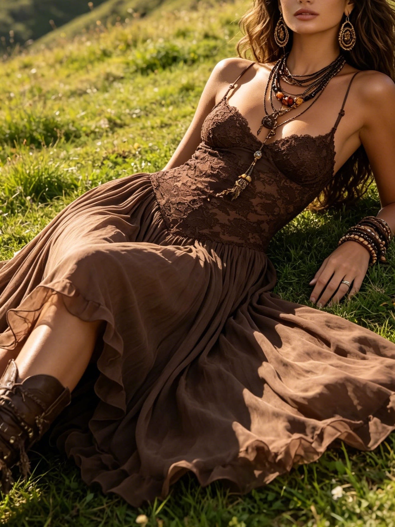 Federica | Vestido Maxi de Chifón y Encaje Marrón