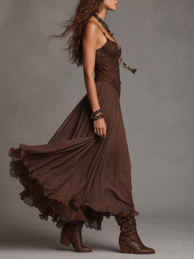 Federica | Vestido Maxi de Chifón y Encaje Marrón