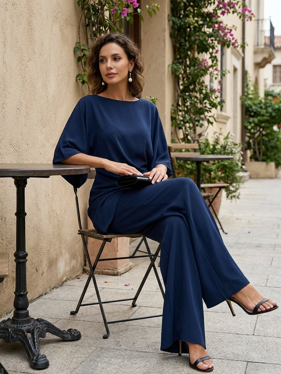 Moni | Conjunto con Blusa de Cintura Drapeada y Pantalones de Pierna Ancha