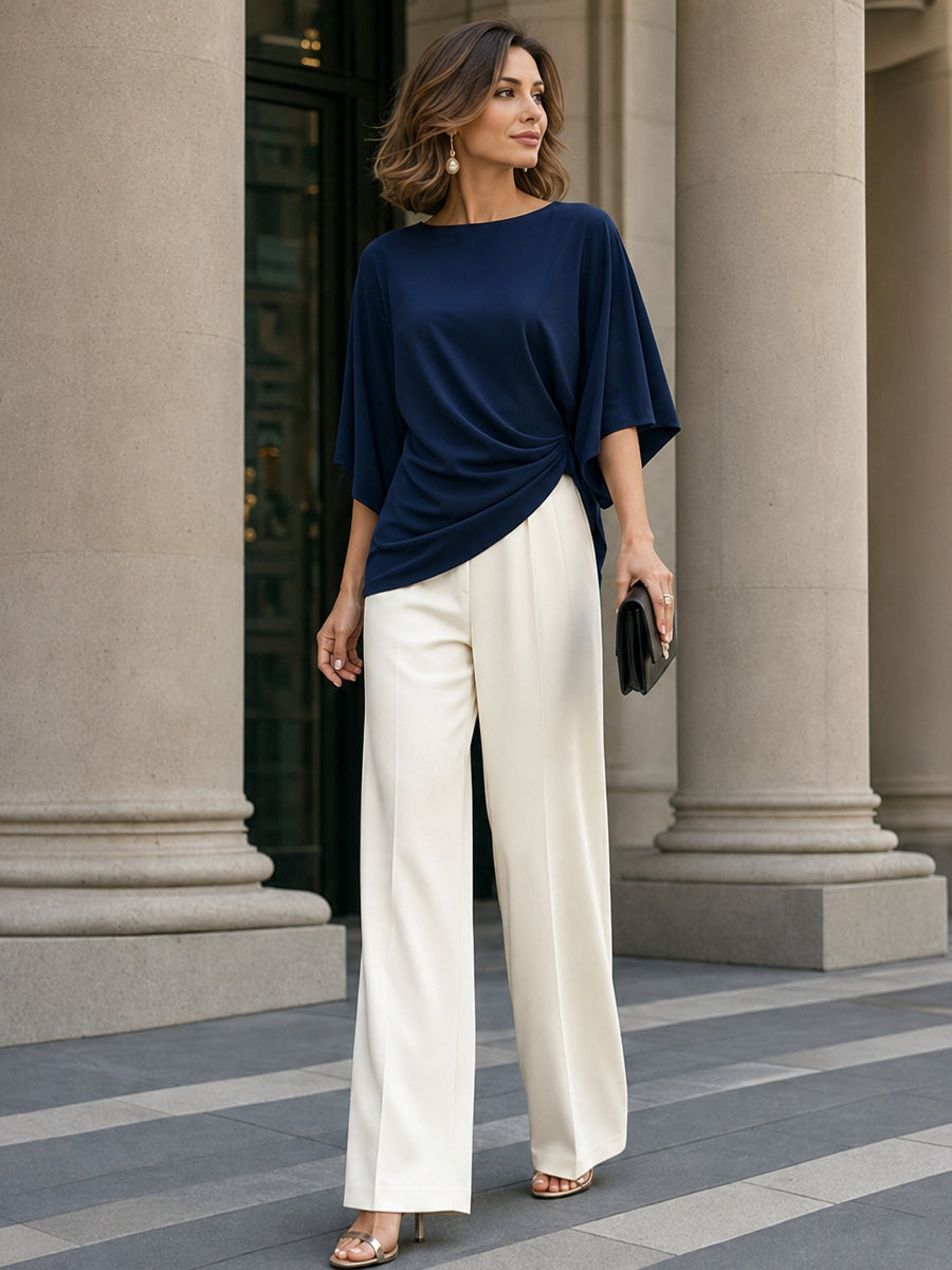 Moni | Conjunto con Blusa de Cintura Drapeada y Pantalones de Pierna Ancha