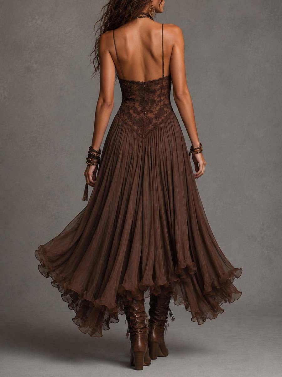 Federica | Vestido Maxi de Chifón y Encaje Marrón