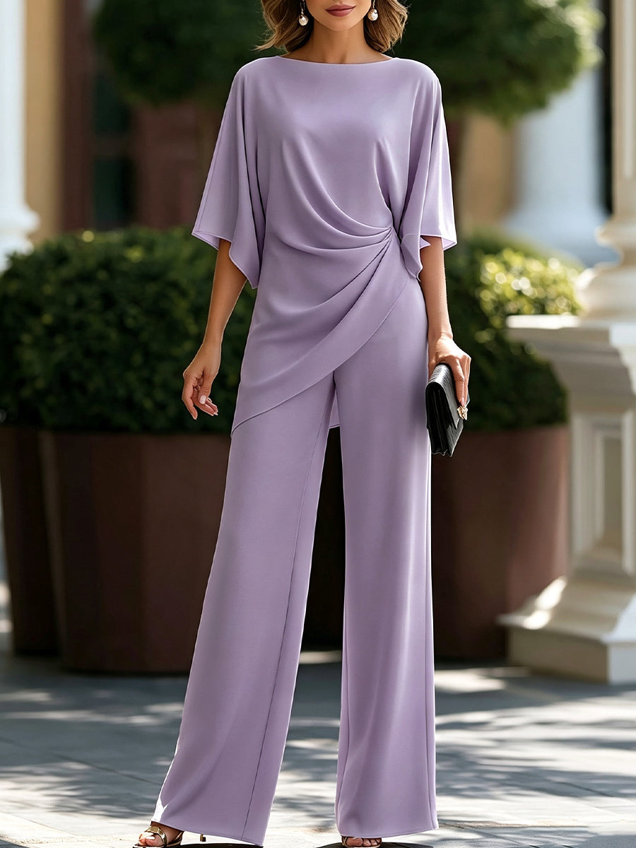 Moni | Conjunto con Blusa de Cintura Drapeada y Pantalones de Pierna Ancha