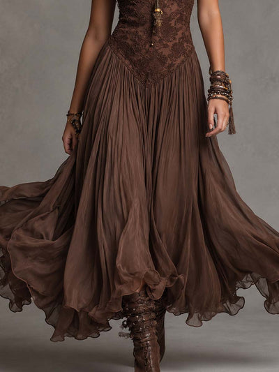 Federica | Vestido Maxi de Chifón y Encaje Marrón
