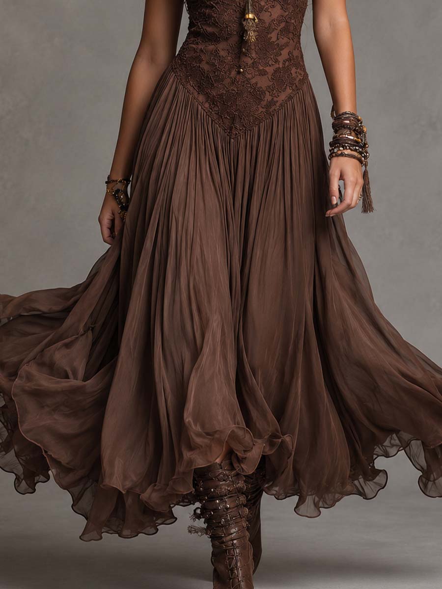 Federica | Vestido Maxi de Chifón y Encaje Marrón