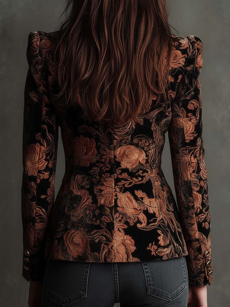 Blazer Sastre de Mujer con Estampado Floral Negro y Bronce