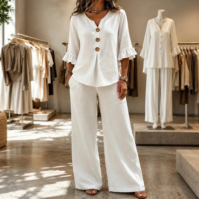 Louna | Conjunto Efecto Lino con Mangas de Volante y Pantalones Anchos