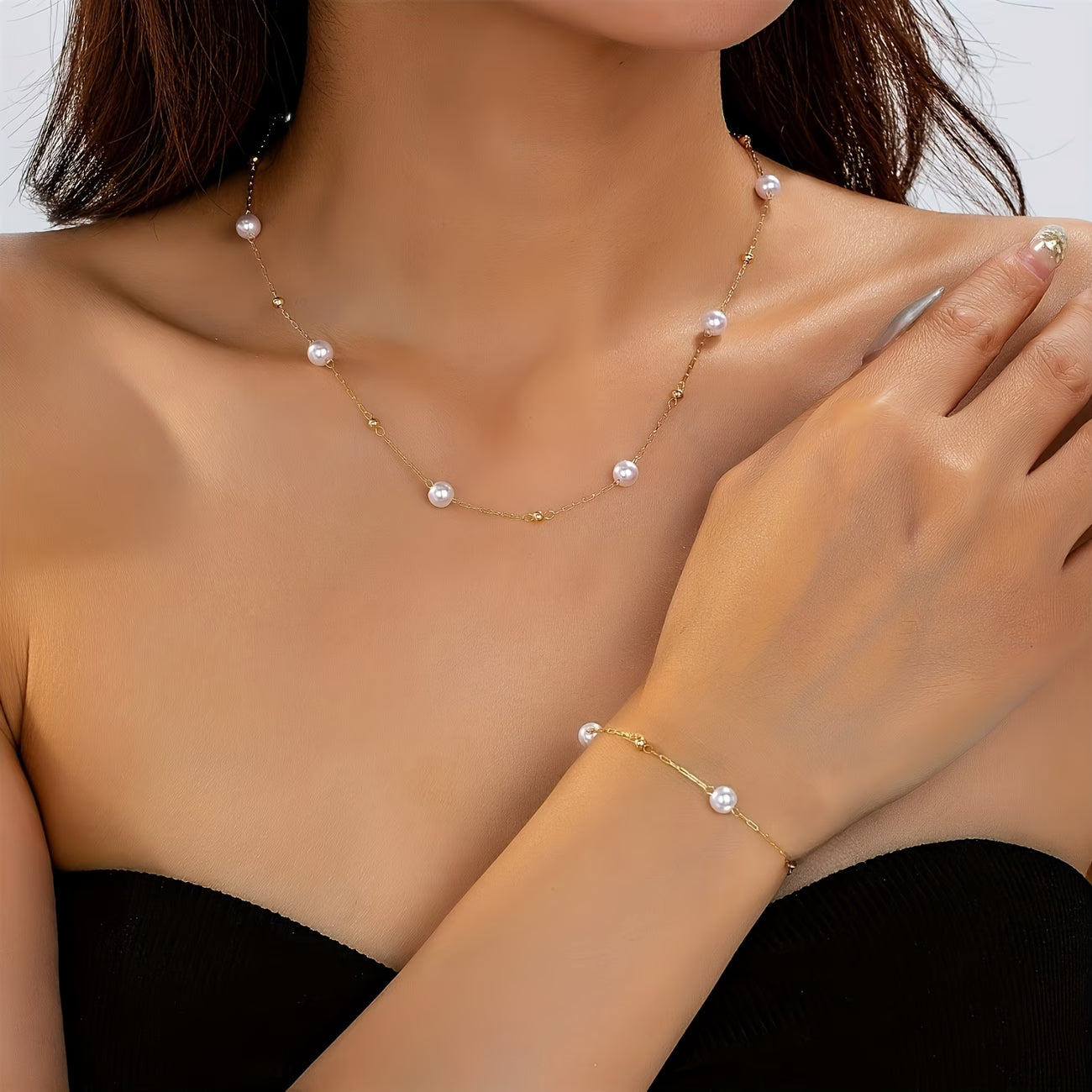Set de Joyas con Cadena de Perlas Delicadas