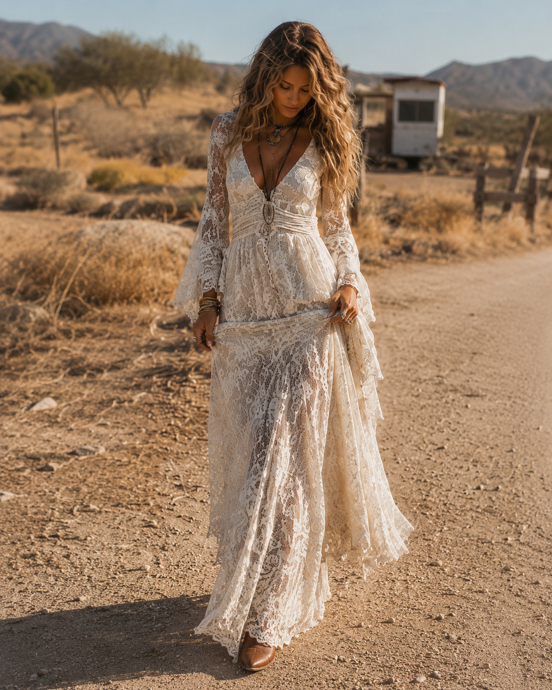 Serena | Vestido Maxi de Encaje con Mangas Acampanadas, Marfil