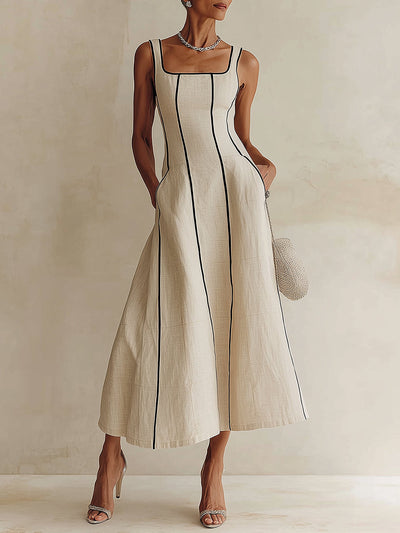 Camille | Vestido Maxi Línea A a Rayas de Lino, Ribete Negro