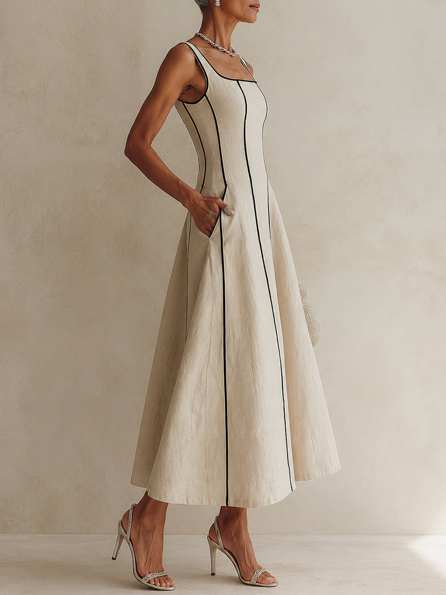 Camille | Vestido Maxi Línea A a Rayas de Lino, Ribete Negro