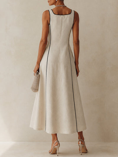Camille | Vestido Maxi Línea A a Rayas de Lino, Ribete Negro