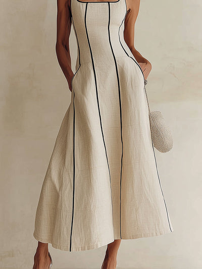 Camille | Vestido Maxi Línea A a Rayas de Lino, Ribete Negro