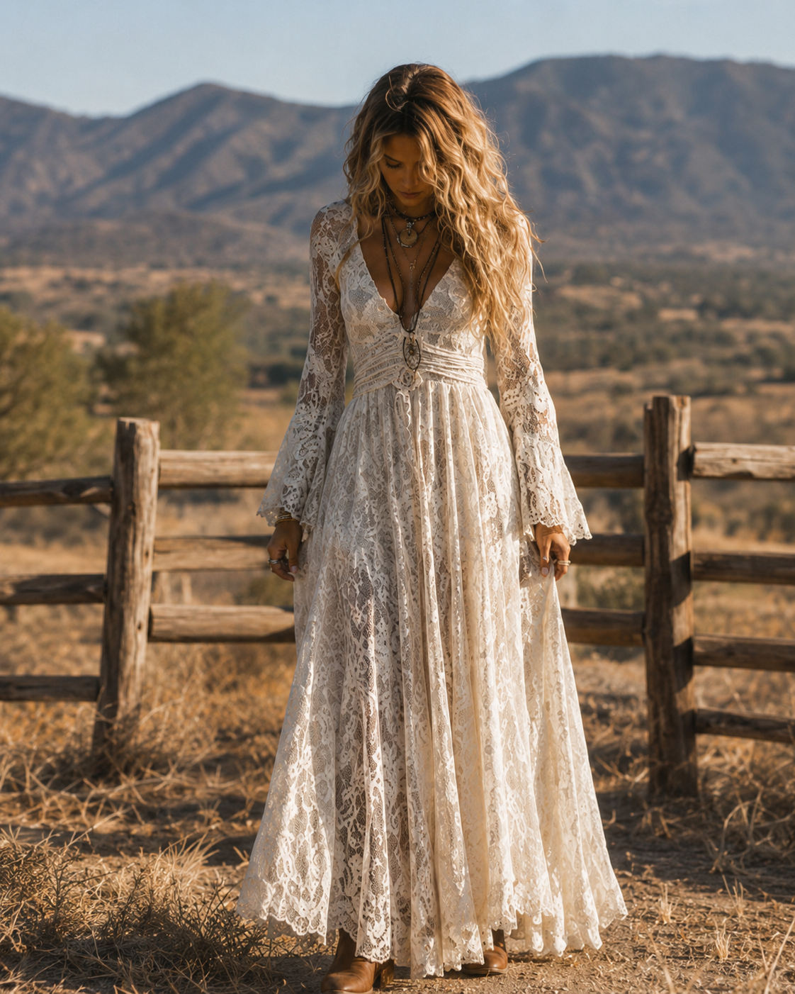 Serena | Vestido Maxi de Encaje con Mangas Acampanadas, Marfil