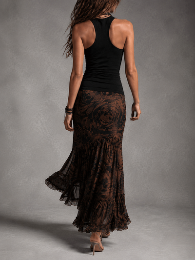 Rossana | Conjunto de Dos Piezas Top Halter Negro y Falda Maxi de Malla con Rosas