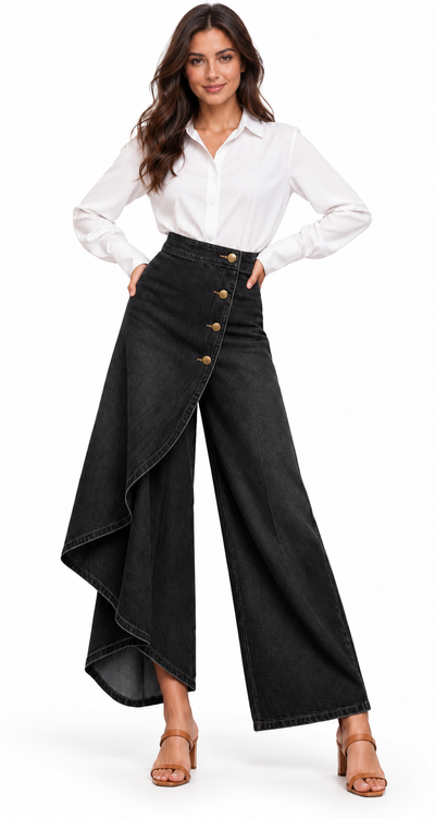 VAQUERO WIDE LEG NEGRO CON PANEL ASIMÉTRICO