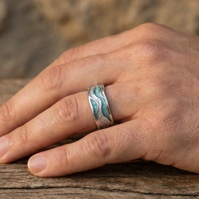 Anillo Olas Plateadas Turquesas