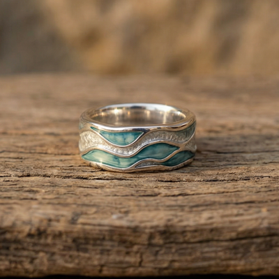 Anillo Olas Plateadas Turquesas