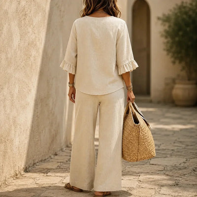Louna | Conjunto Efecto Lino con Mangas de Volante y Pantalones Anchos