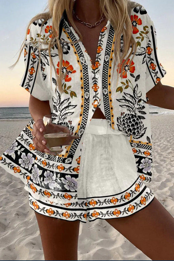 Irella™ | Conjunto Curto de Linho com Estampa Floral
