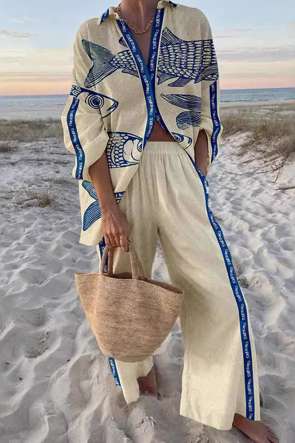 Yazette™ | Conjunto de Linho com Estampado de Peixe Azul