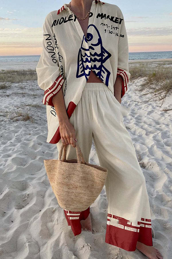 Rounelle™ | Conjunto de Linho com Padrão de Peixes Azuis
