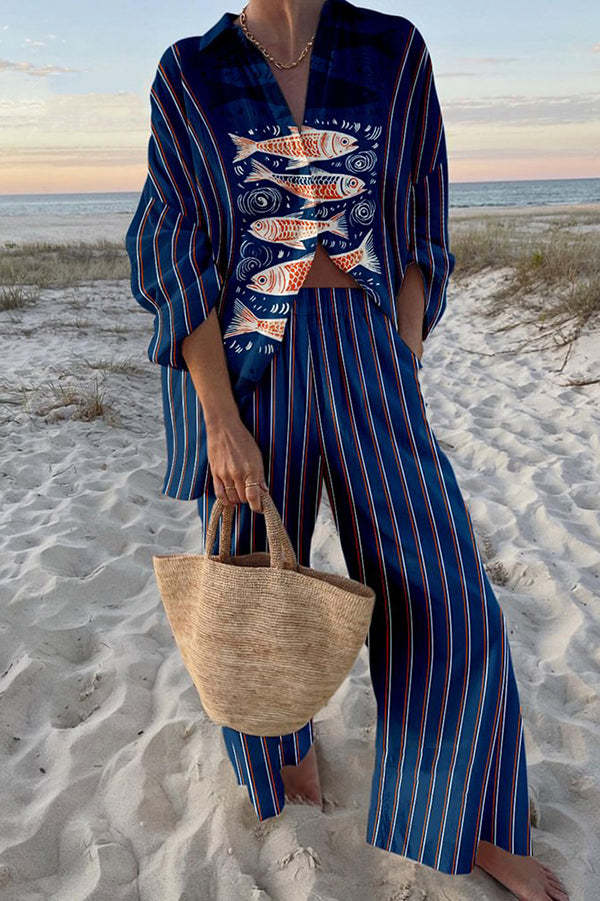 Zairine™ | Conjunto de Linho Estampado Koi Azul