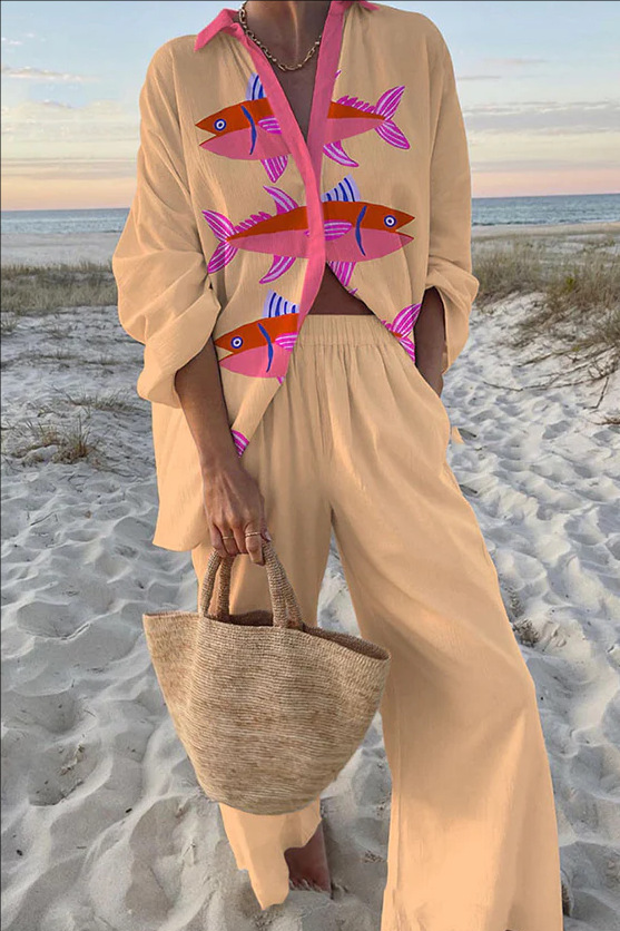 Evalisse™ | Conjunto de Linho com Padrão de Peixe Rosa