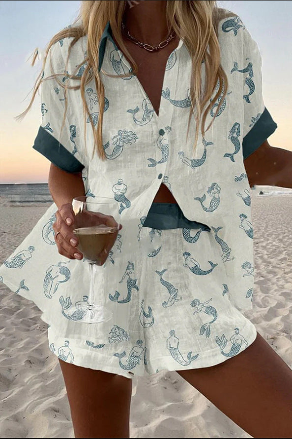 Jalira™ | Conjunto Curto de Linho Estampado Sereia