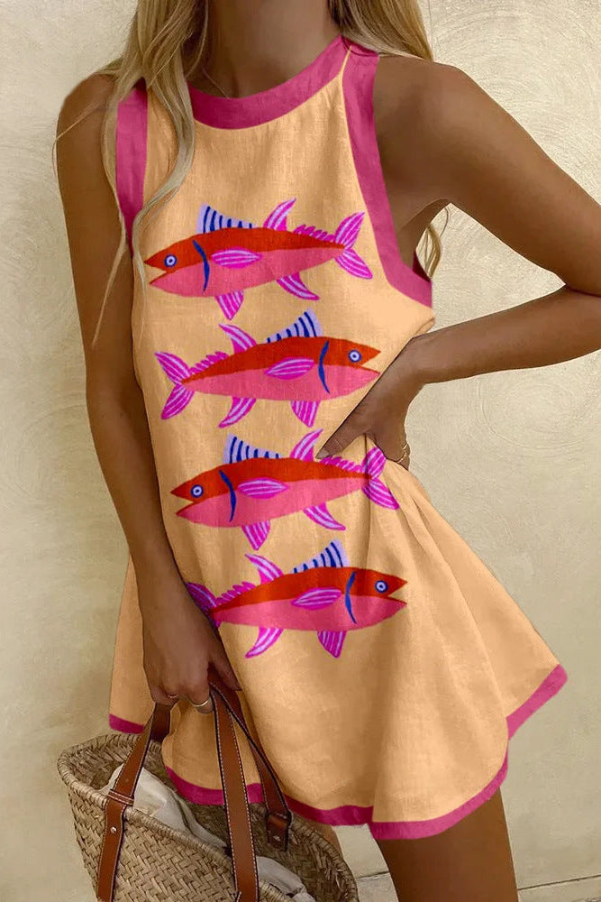 Anavée™ | Vestido Mini com Estampado de Sardinhas