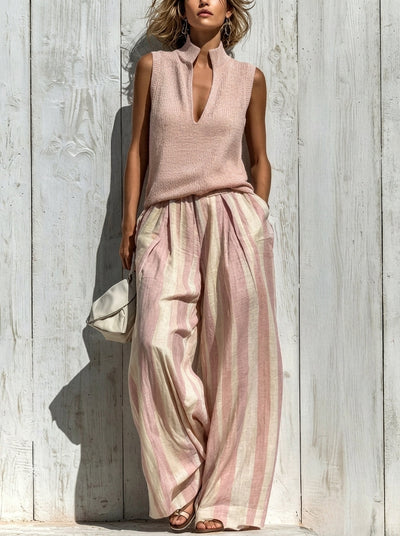 Sofía | Conjunto Elegante en Tejido Fluido: Top y Pantalón Palazzo a Rayas