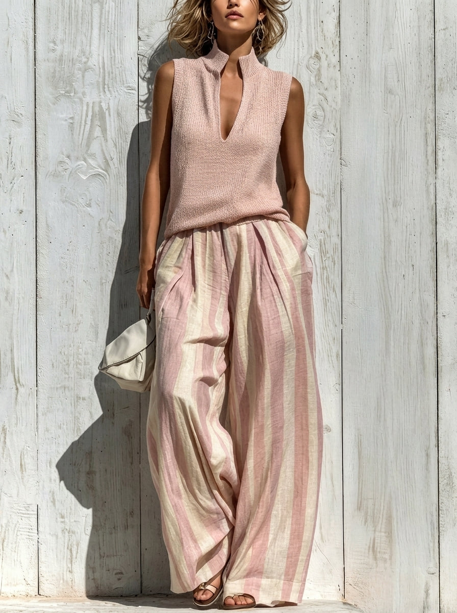 Sofía | Conjunto Elegante en Tejido Fluido: Top y Pantalón Palazzo a Rayas