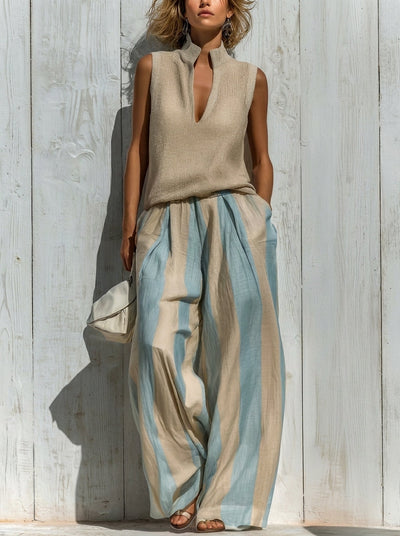 Sofía | Conjunto Elegante en Tejido Fluido: Top y Pantalón Palazzo a Rayas